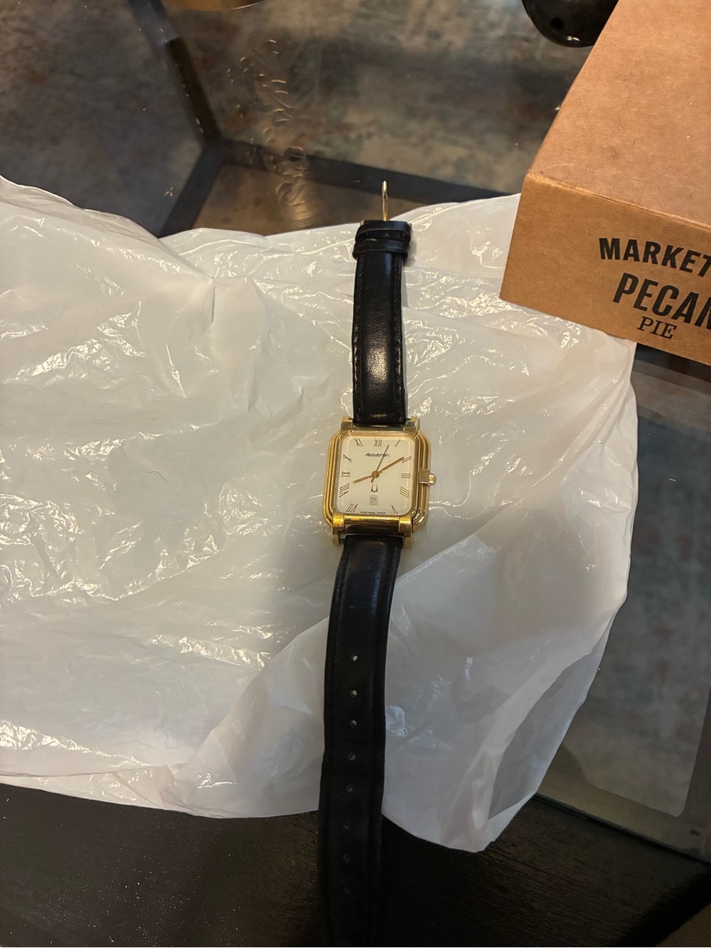 Classic Square Gold-Tone Wristwatch with Black Leather Strap Accutron watch